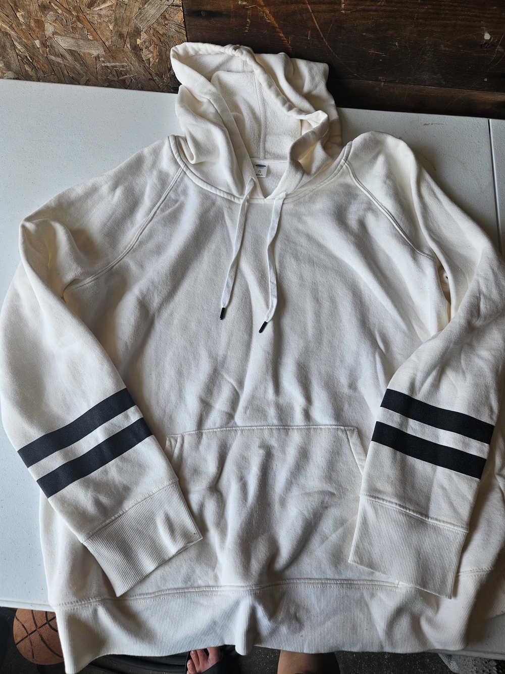 Old Navy Cream Hoodie with Black Sleeve Stripes